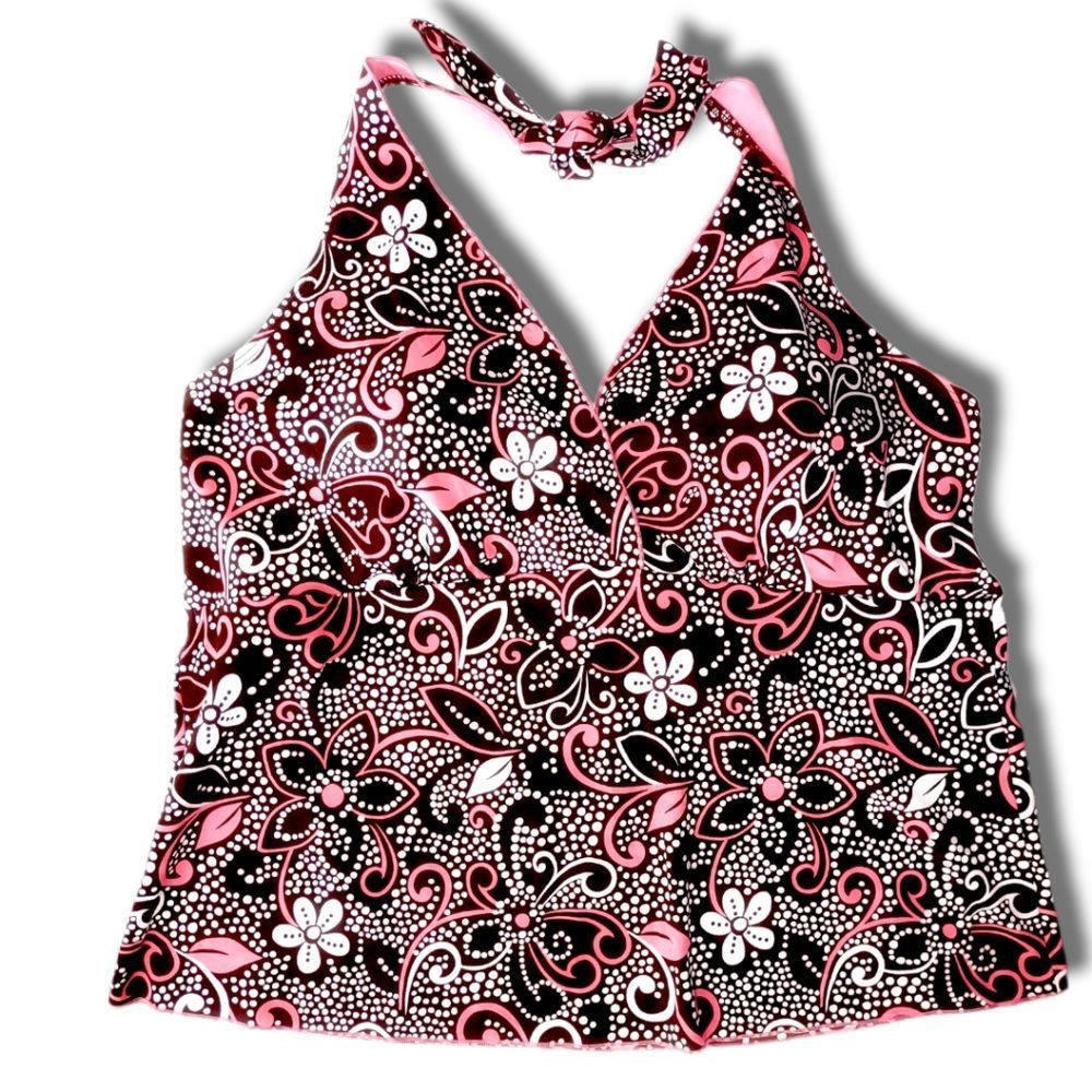 Contour Beach Scene Brown Swimtop Pink White Floral Halter Tie Cup Support 24